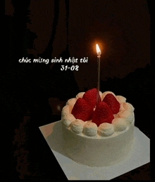 a birthday cake with strawberries and a lit candle says 31-08