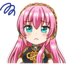 a cartoon girl with pink hair and blue eyes is wearing headphones and making a sad face .