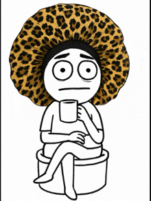 a cartoon character wearing a leopard print hat sits on a toilet