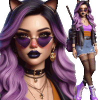 a girl with purple hair and a cat ear headband
