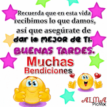 a smiley face giving a thumbs up with the words " muchas bendiciones " below it