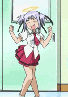 a girl with purple hair and a halo on her head is dancing in front of a door .