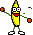 a pixel art illustration of a banana with arms and legs holding a red object .