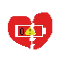 a pixel art drawing of a broken heart with a yellow warning sign
