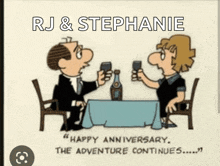 a cartoon of a man and a woman toasting their anniversary with wine