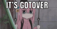 a girl with pink hair is sitting on a swing with the words `` it 's goover '' written above her .