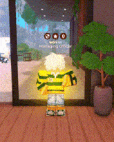 a man in a yellow and green striped shirt is standing in front of a glass door with the words " managing officer " on the screen