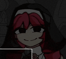 a nun with red hair is smiling and wearing a black cape