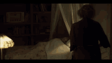 a bed with a canopy and a lamp on the nightstand