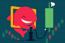 an illustration of a red shark pumping a green candlestick