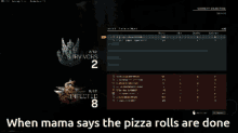 a screenshot of a video game with the words when mama says the pizza rolls are done on the bottom