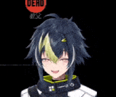 a video game character with a dead sign in the background