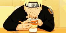 a cartoon character is eating from a cup that says ramen