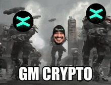 a gm crypto advertisement with a man 's head in the foreground