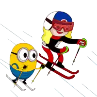 a cartoon of two minions skiing down a snow covered slope
