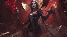 a woman in a black dress is holding a sword and a rose