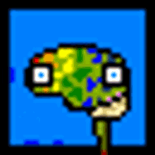 a pixel art of a chameleon with a blue background
