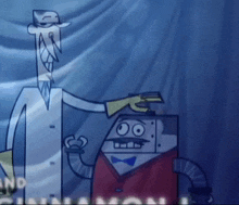 a cartoon of a man standing next to a robot with the word " and " on the bottom left