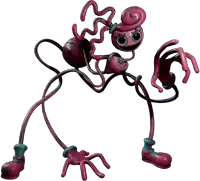 a purple cartoon character with a spider on its foot