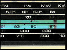 a black and white display with the numbers en lw mw kw