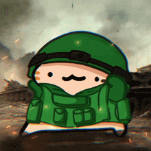 a cartoon drawing of a soldier with a green helmet