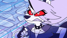 a cartoon of a wolf with red eyes and a black choker