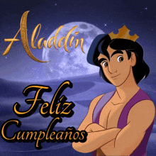a picture of aladdin with the words " feliz cumpleanos " on the bottom