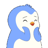 a blue and white penguin with a pink heart in its mouth