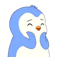 a blue and white penguin with a pink heart in its mouth