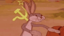 bugs bunny is standing in front of a hammer and sickle and a star .
