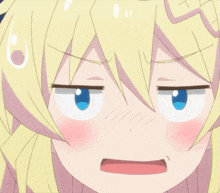 a close up of a blonde anime girl with blue eyes