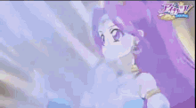 a cartoon girl with purple hair is holding a blue object in her hand .