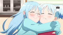 two anime girls hugging each other with one wearing glasses