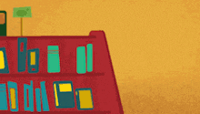 a cartoon drawing of a blue block with the letter h on it standing in front of a bookshelf