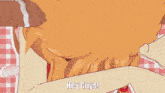 a cartoon character says " hey guys " on a checkered table cloth