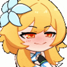 a cartoon girl with yellow hair and a flower in her hair is holding a microphone .