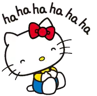 a cartoon of hello kitty with a red bow on her head and the words `` ha ha ha ha ha '' .