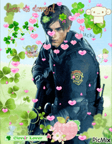 a picture of a man surrounded by hearts and clovers with a picmix logo in the corner