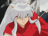 a cartoon character with white hair and cat ears is holding a bow and arrow