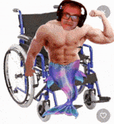 a shirtless man in a wheelchair with a mermaid tail is flexing his muscles
