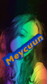 a woman 's face is covered by a blue block that says meycuun on it