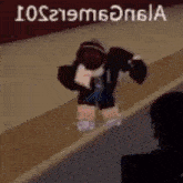 a roblox character is standing on a sidewalk .