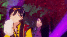 a man in a yellow and red outfit is standing in front of a purple background .