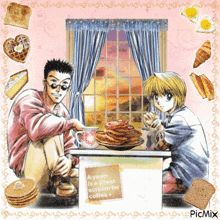 two anime characters sit at a table with pancakes and a sign that says a yawn is silent scream for coffee
