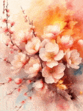 a painting of a bunch of pink flowers on a tree branch