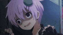 a cartoon character with purple hair and a strange face