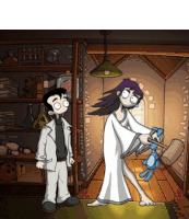 a cartoon of a man and a woman standing next to each other in a room