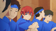a group of anime characters wearing blue shirts