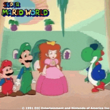 a cartoon of mario luigi and princess peach from the super mario world video game