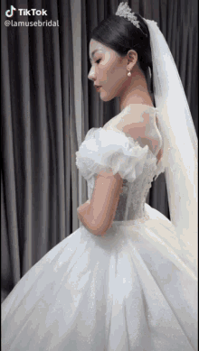 a woman wearing a white wedding dress with a veil and tiara